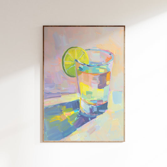 Framed painting of a glass with a lime wedge on a colorful background