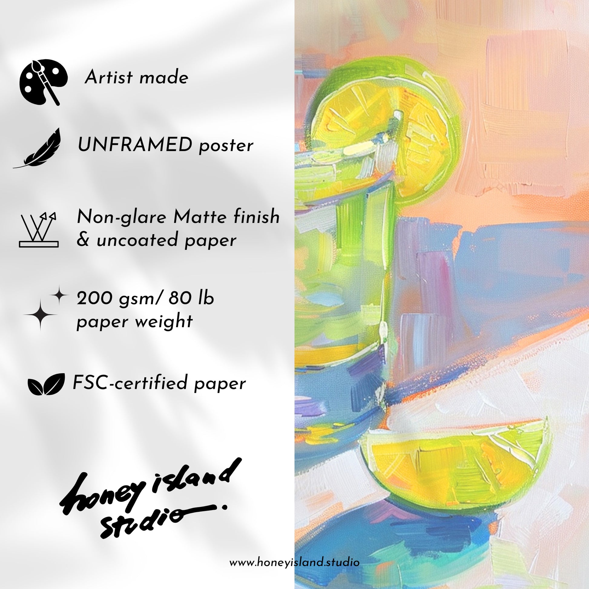 Unframed poster with lemon-themed design and Honey Island Studio branding.