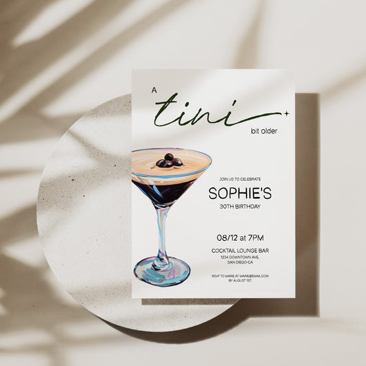 A Tini Bit Older Espresso Martini Birthday Invite (Canva Template)