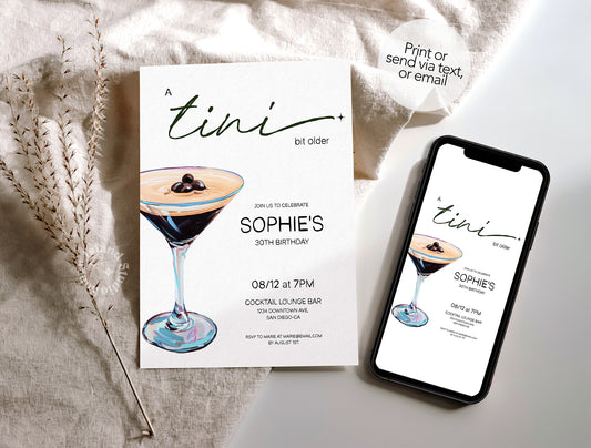 A Tini Bit Older Espresso Martini Birthday Invite (Canva Template)