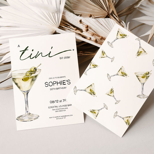 a tini bit older martini birthday invite editable template, A Tini Bit Older Martini Birthday Invitation, Shaken not Stirred Birthday Dinner Party, Martini Cocktail Retro Invite Template Canva