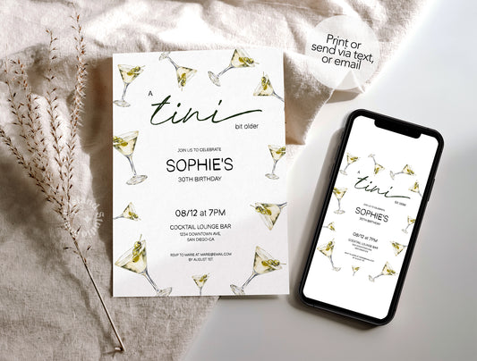 a tini bit older martini birthday invite editable template, A Tini Bit Older Martini Birthday Invitation, Shaken not Stirred Birthday Dinner Party, Martini Cocktail Retro Invite Template Canva