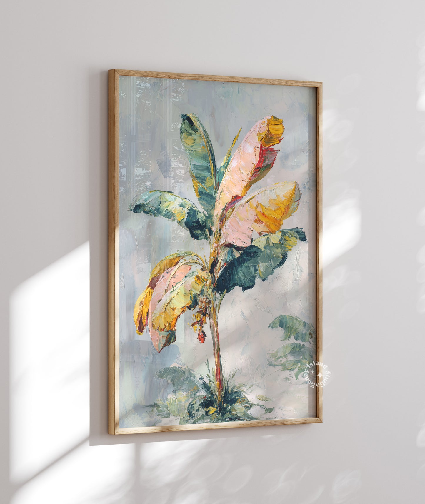 Framed artwork of a floral design on a white wall