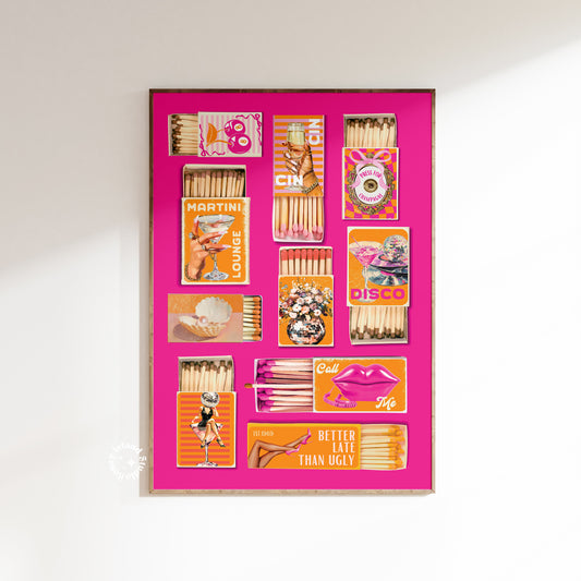 Framed collection of matchbooks with colorful designs on a white wall.