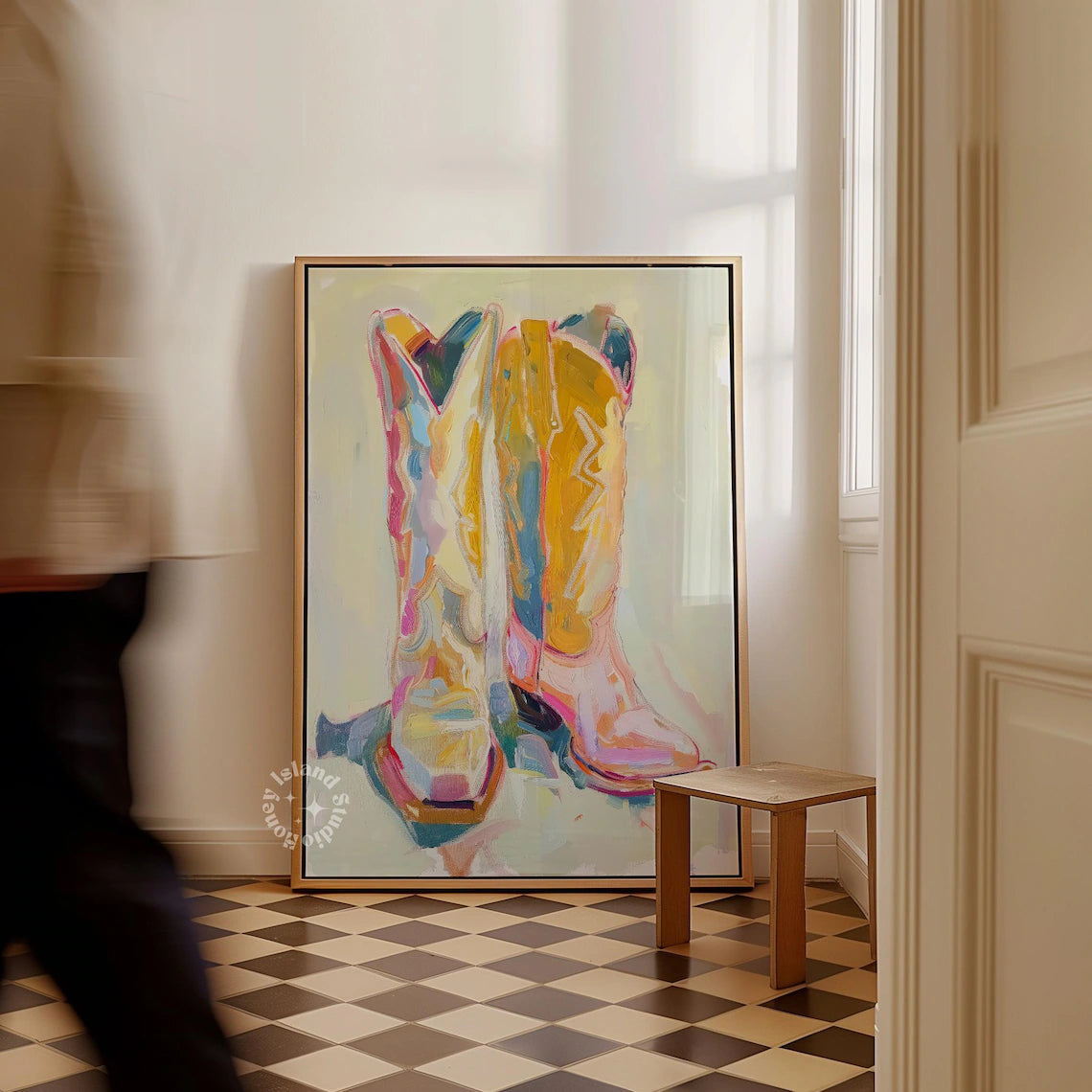 Mustard Yellow painting of cowboy boots in a room with checkered floor and white walls.