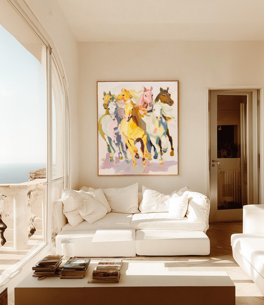 western decor seven horses wall art print Modern living room with a white sofa, colorful horse painting, and large window.