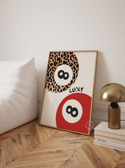 Trendy Lucky Print, 8 Ball Leopard Red Aesthetic Poster