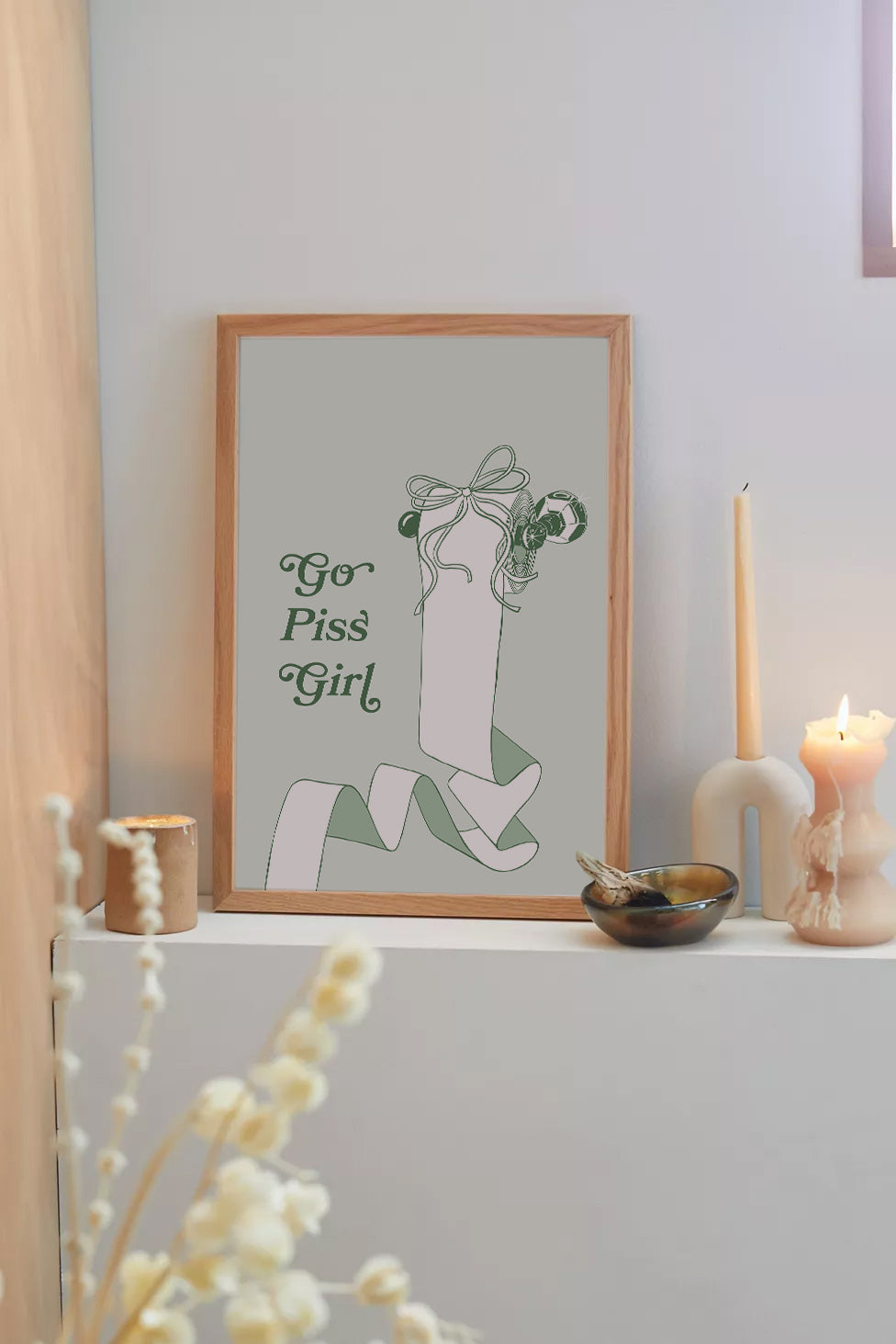 Go Piss Girl Print – Funny Gossip Quote Poster – Sage Green Aesthetic Wall Art for Bathroom or Dorm – Sassy Trendy Typography Decor