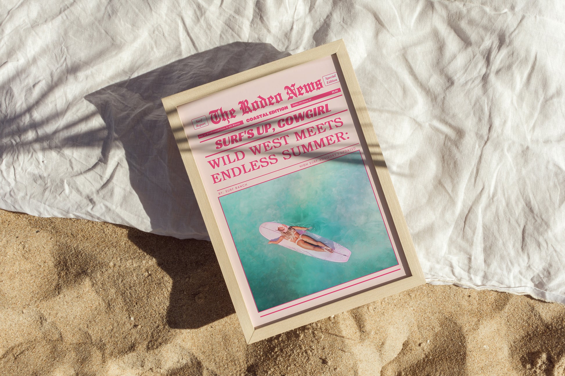 Coastal Cowgirl Poster – Retro Rodeo News in Pink for Surf-Chic Home Decor