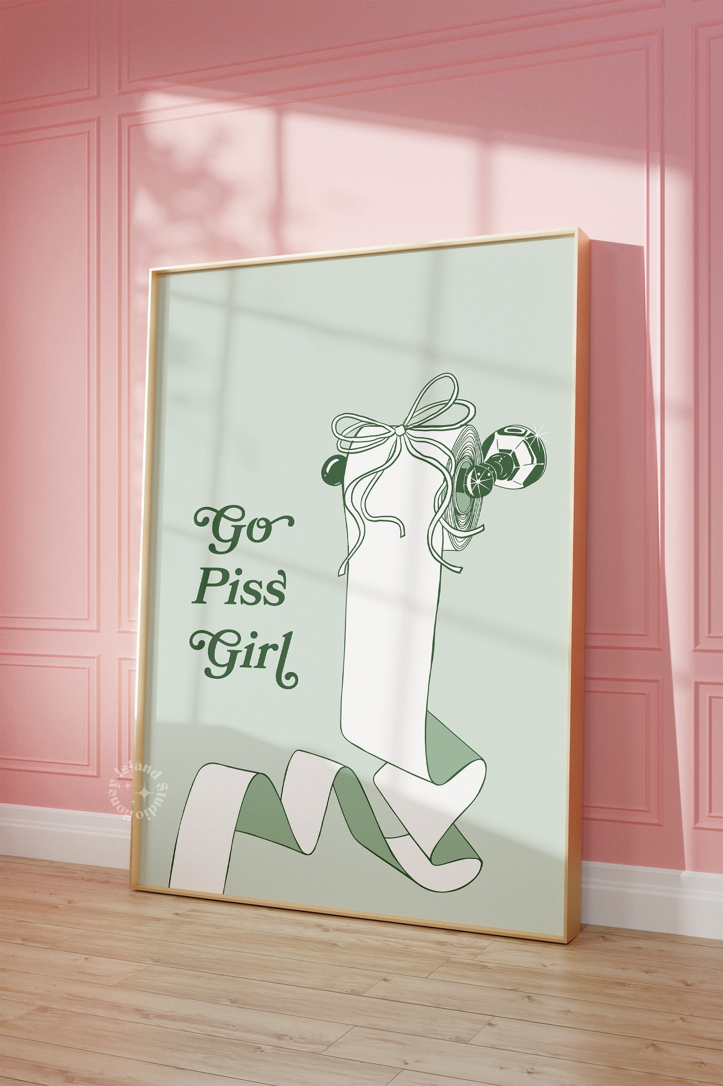 Go Piss Girl Print – Funny Gossip Quote Poster – Sage Green Aesthetic Wall Art for Bathroom or Dorm – Sassy Trendy Typography Decor