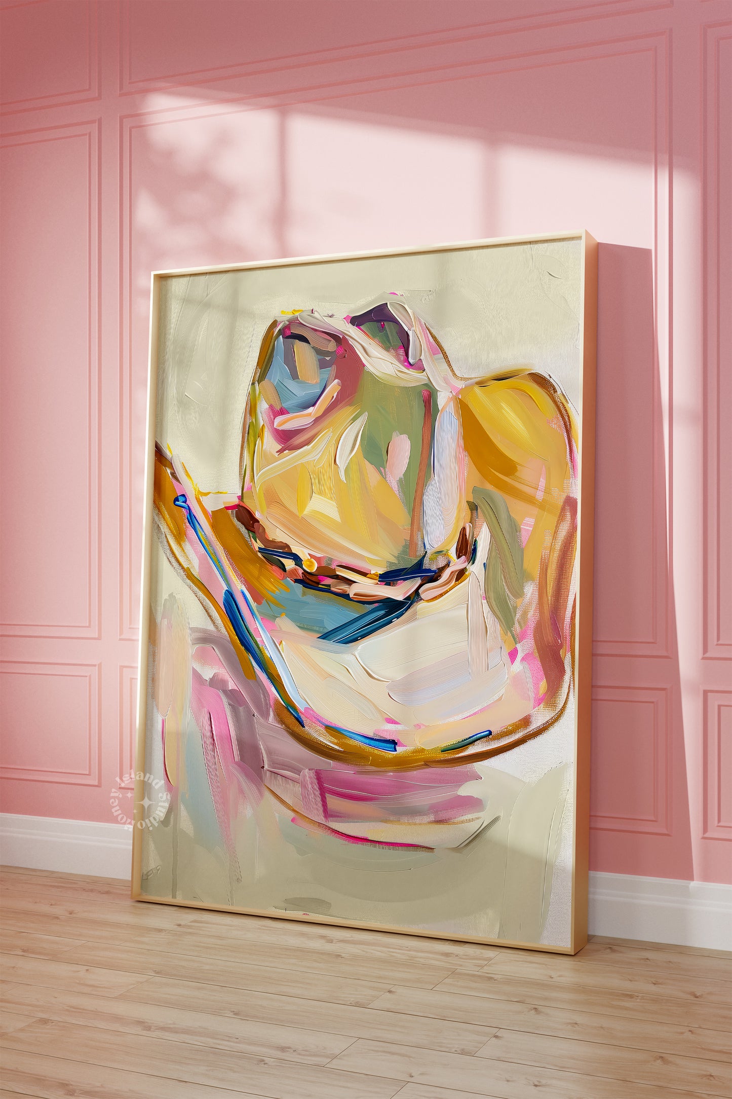Cowgirl hat  painting in a gold frame on a pink wall