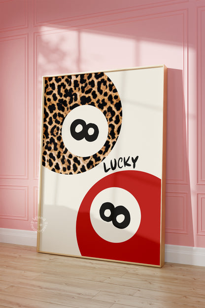 Trendy Lucky Print, 8 Ball Leopard Red Aesthetic Poster