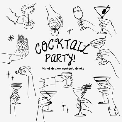 Cocktail Party - Hand drawn Illustrations of Hands Holding Chic Cockatil Drinks