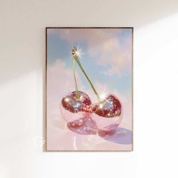 Cherry Disco Balls Surreal Art Print, Cherry Disco Print, Disco Balls, Disco Ball Cherries, Disco Cherry, Cherry Wall Art, Pink Wall Art