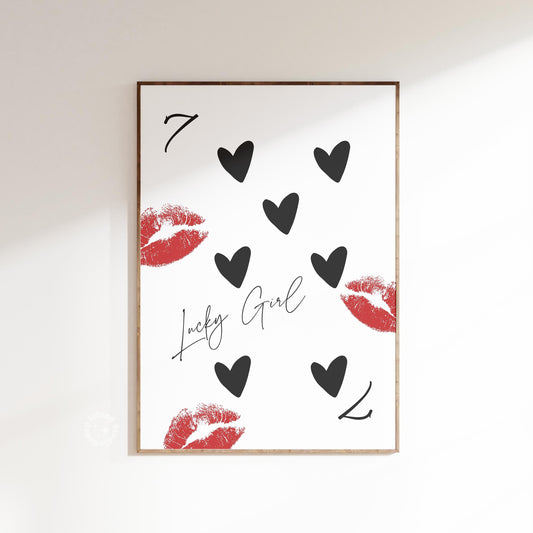 Lucky girl 7 print, Queen of hearts poster