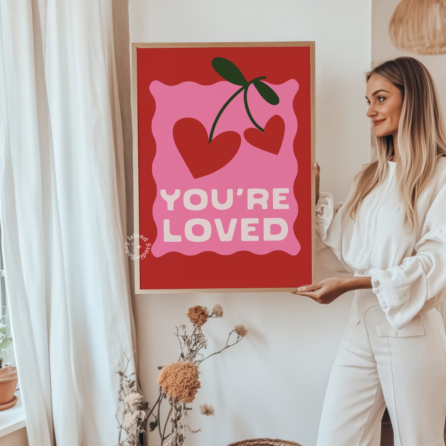 You're Loved Print, Affirmation Poster, Trendy Pink Red Girly Prints, 