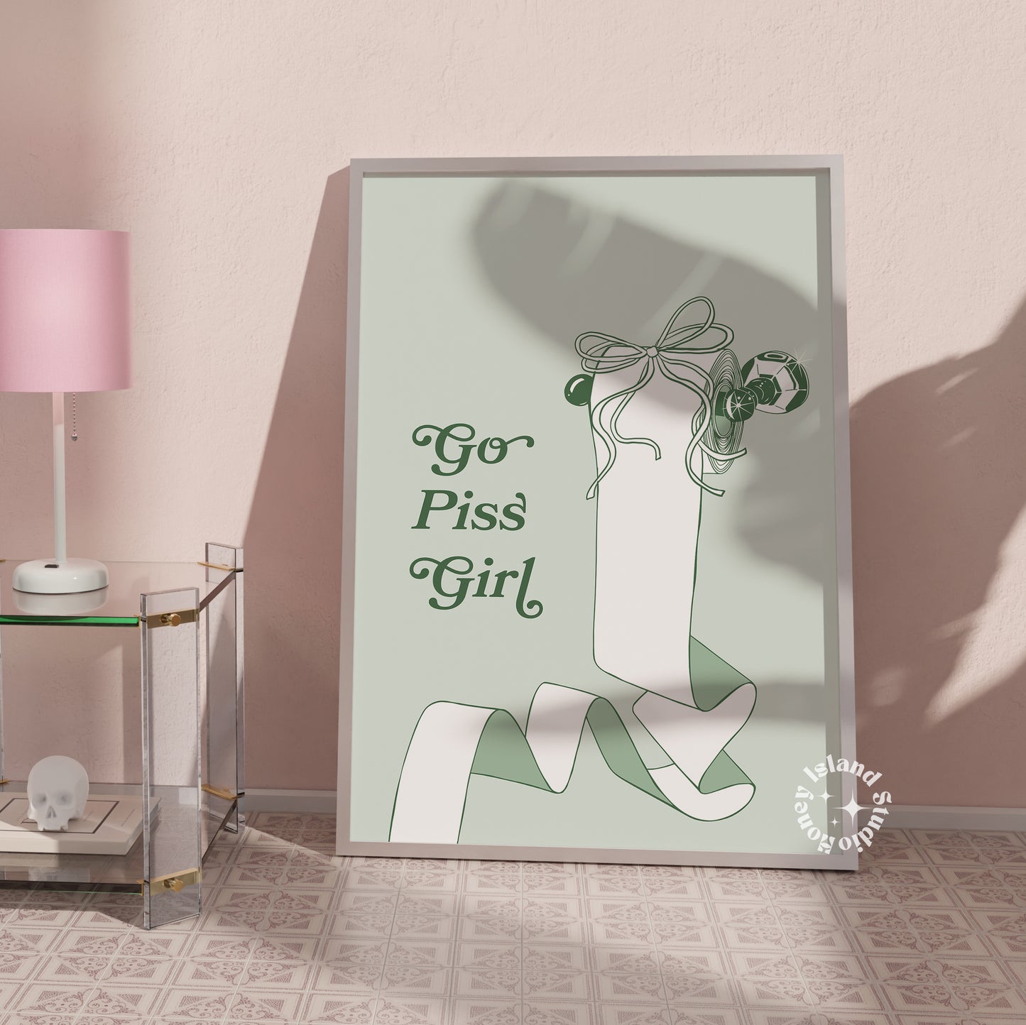 Go Piss Girl Print – Funny Gossip Quote Poster – Sage Green Aesthetic Wall Art for Bathroom or Dorm – Sassy Trendy Typography Decor