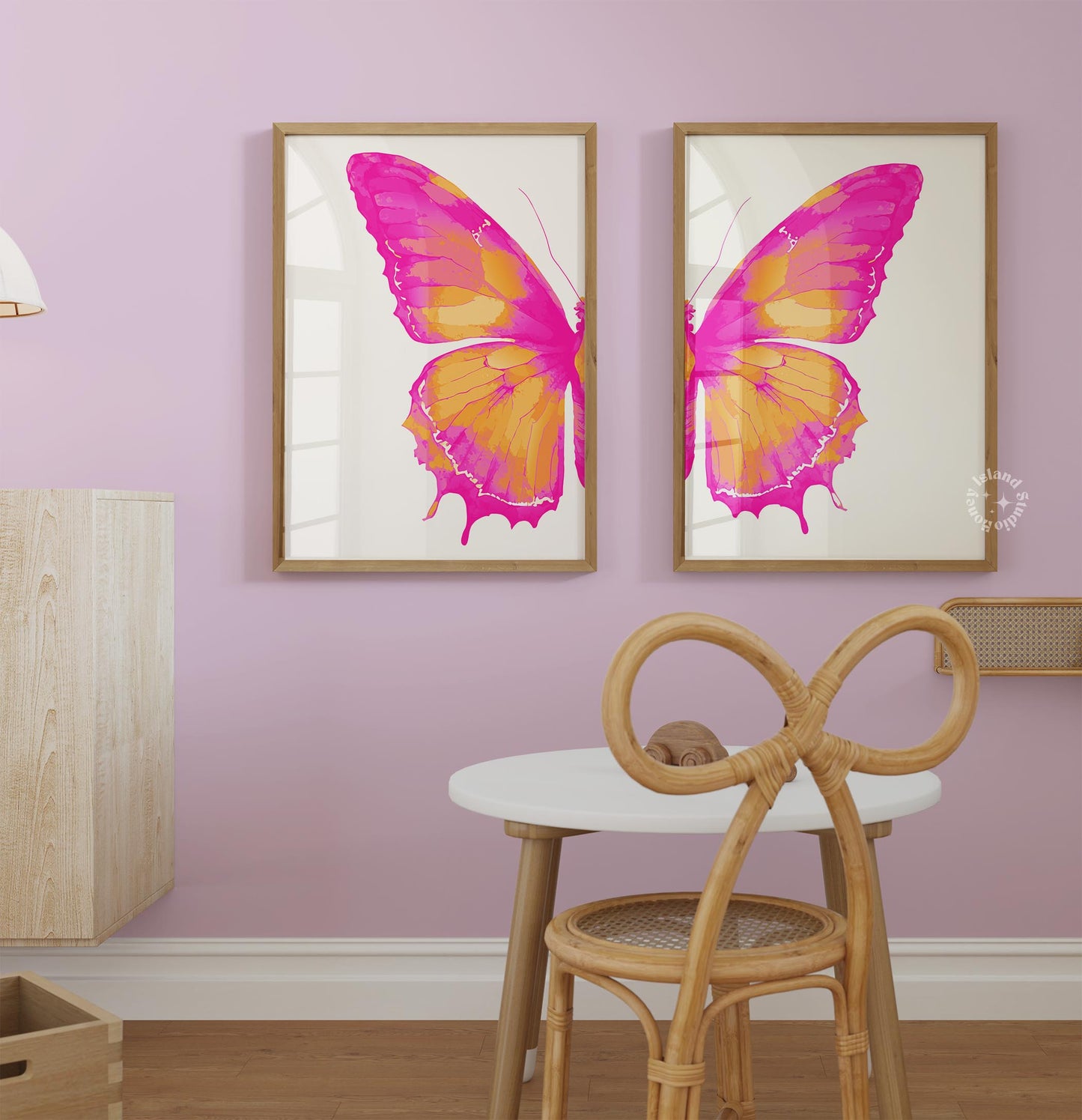 Set of 2 Split Butterfly Wall Art - Pink Orange - Digital