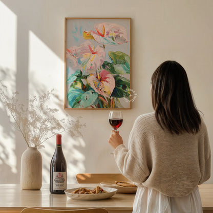Woman holding a glass of red wine in a room with a colorful floral painting on the wall.