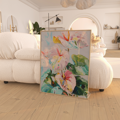 Floral painting in a living room setting with a white sofa and wooden floor.