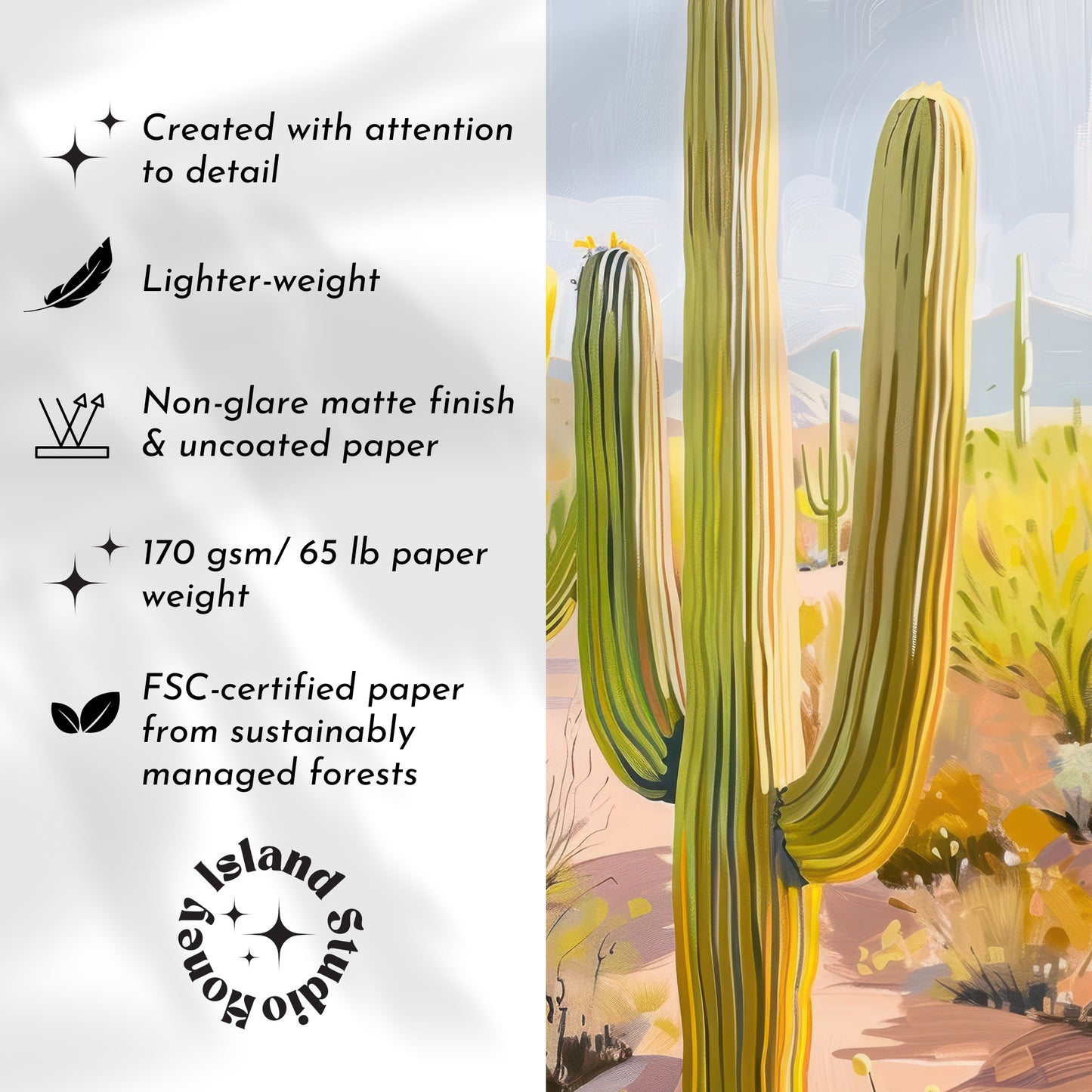 Cactus illustration with sustainability information on a white background