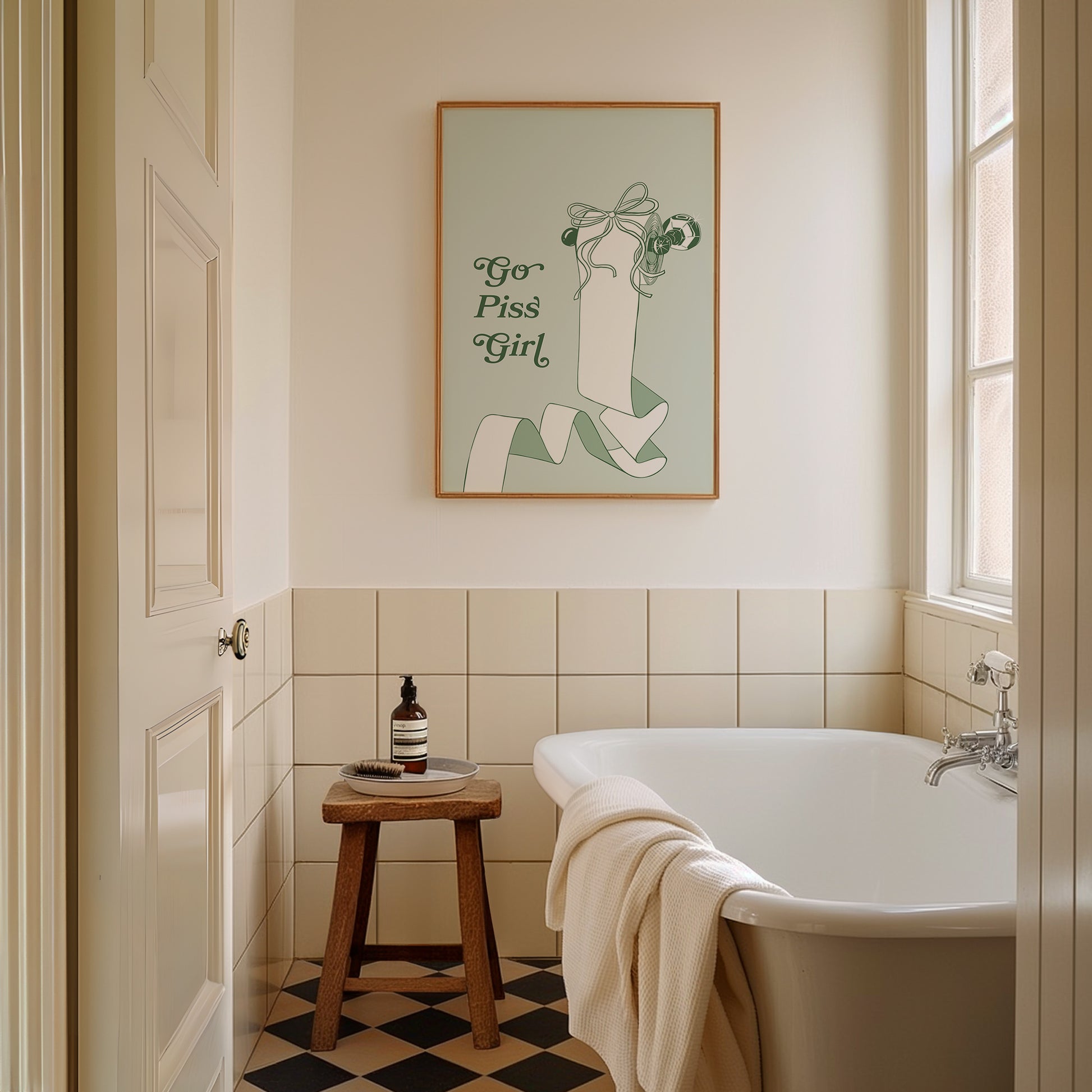 Go Piss Girl Print – Funny Gossip Quote Poster – Sage Green Aesthetic Wall Art for Bathroom or Dorm – Sassy Trendy Typography Decor