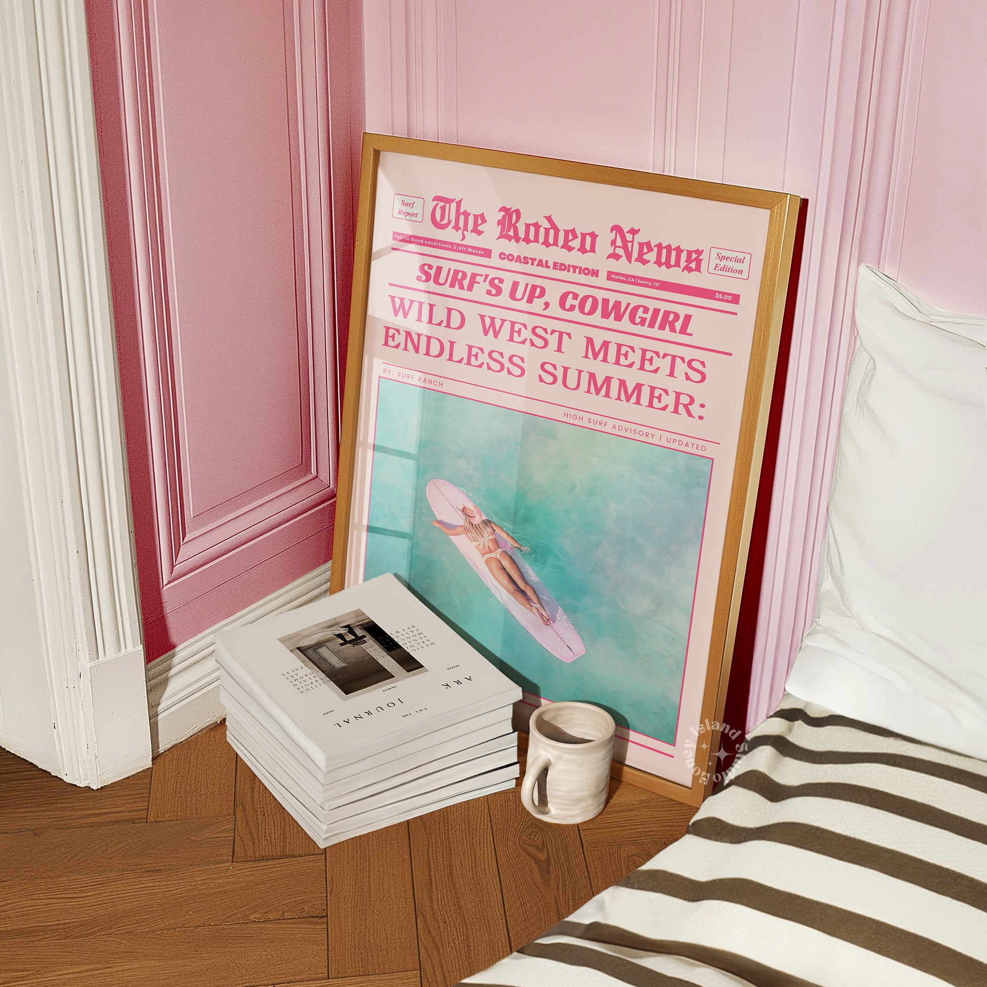 Surf Up Cowgirl Wall Decor – Pink Newspaper-Style Print with Retro Rodeo Vibes