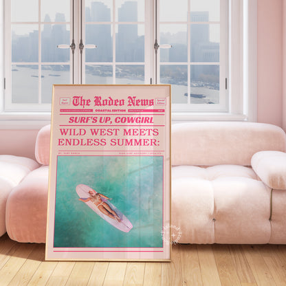 Funky Pink Decor – Coastal Cowgirl Wall Art with Surf Up Rodeo News Flair