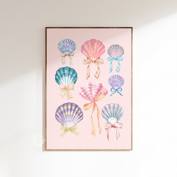 Framed artwork with colorful shell designs on a pink background