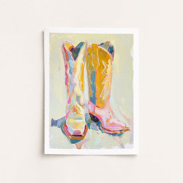 Colorful abstract painting of cowboy boots on a light background