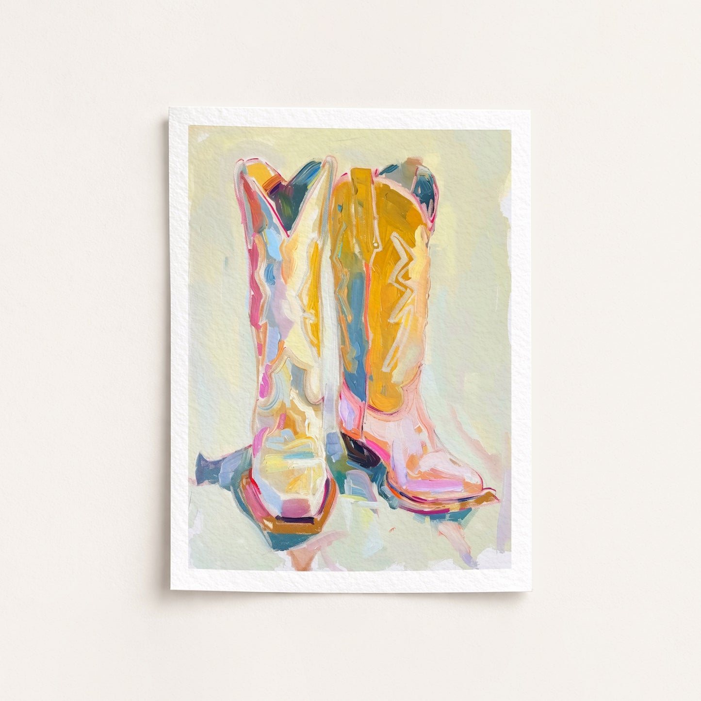 Colorful abstract painting of cowboy boots on a light background
