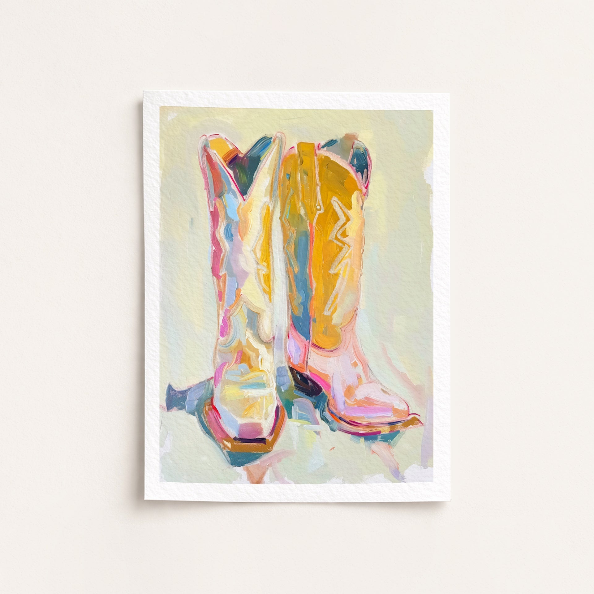 Colorful abstract painting of cowboy boots on a light background