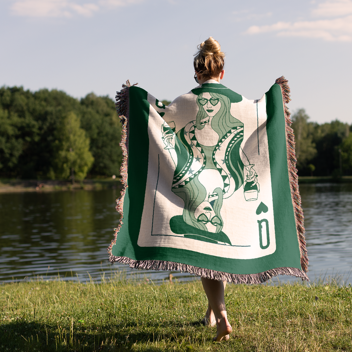 Cowgirl Queen Of Hearts Green Woven Blanket