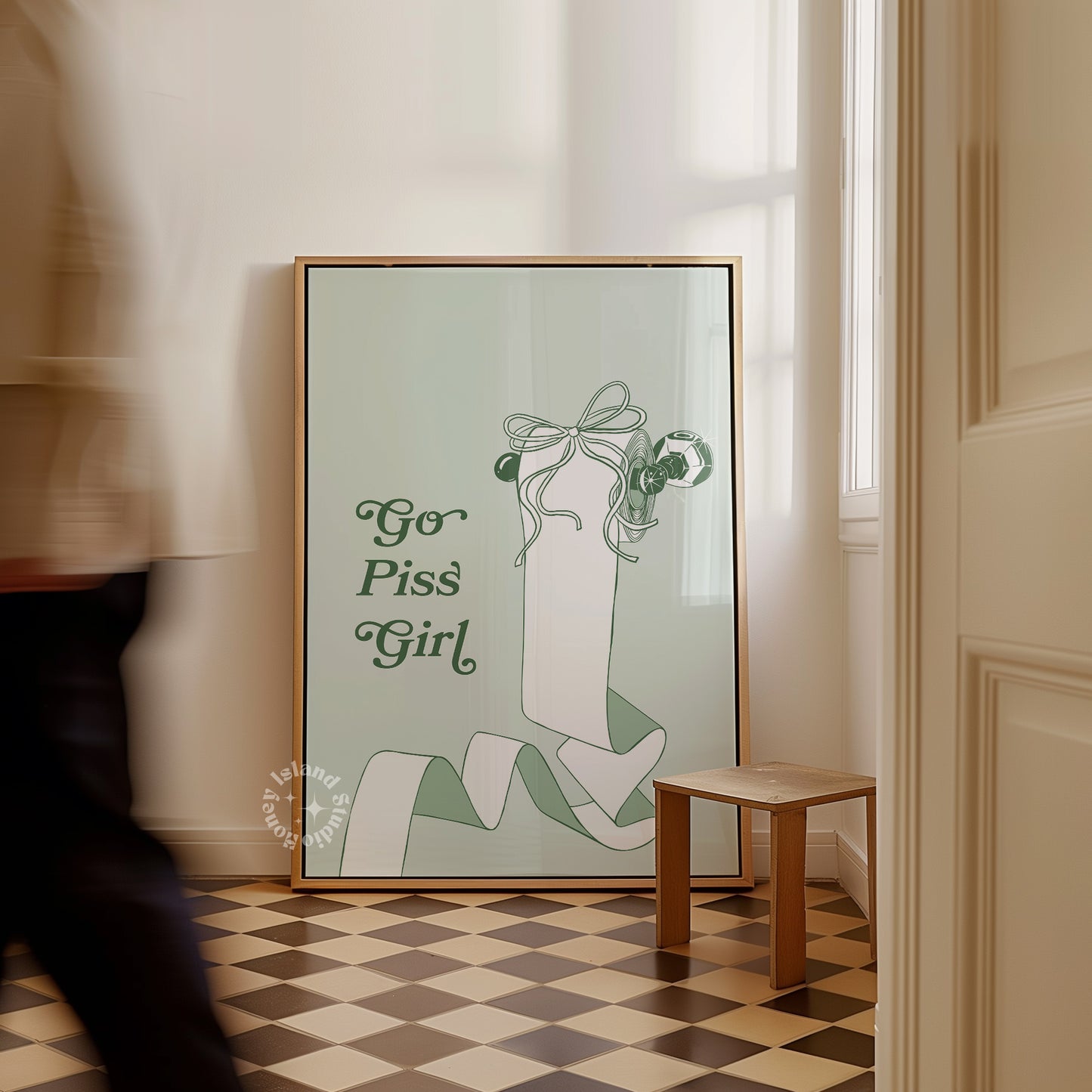 Go Piss Girl Print – Funny Gossip Quote Poster – Sage Green Aesthetic Wall Art for Bathroom or Dorm – Sassy Trendy Typography Decor