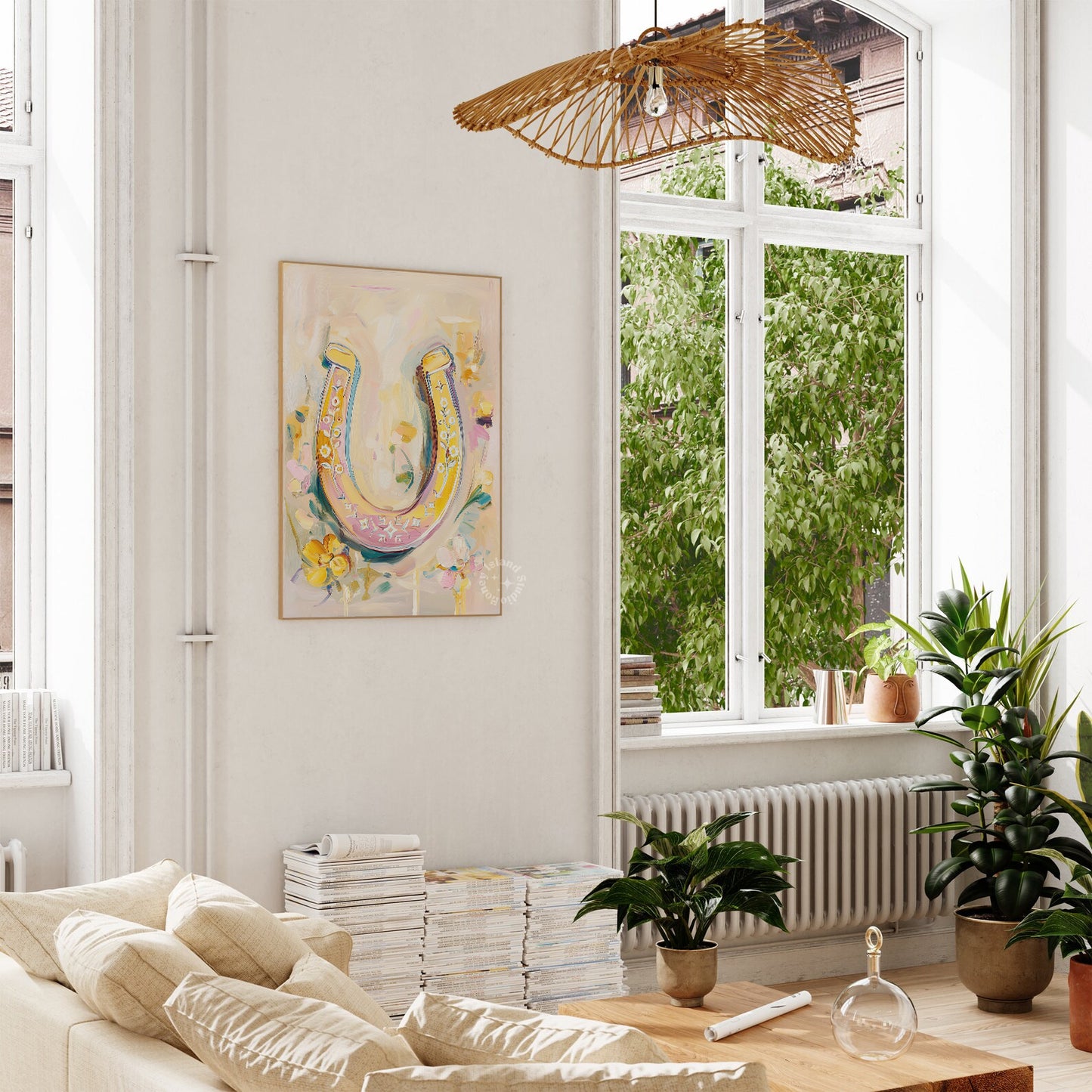 Living room with a couch, coffee table, and artwork on a white wall.