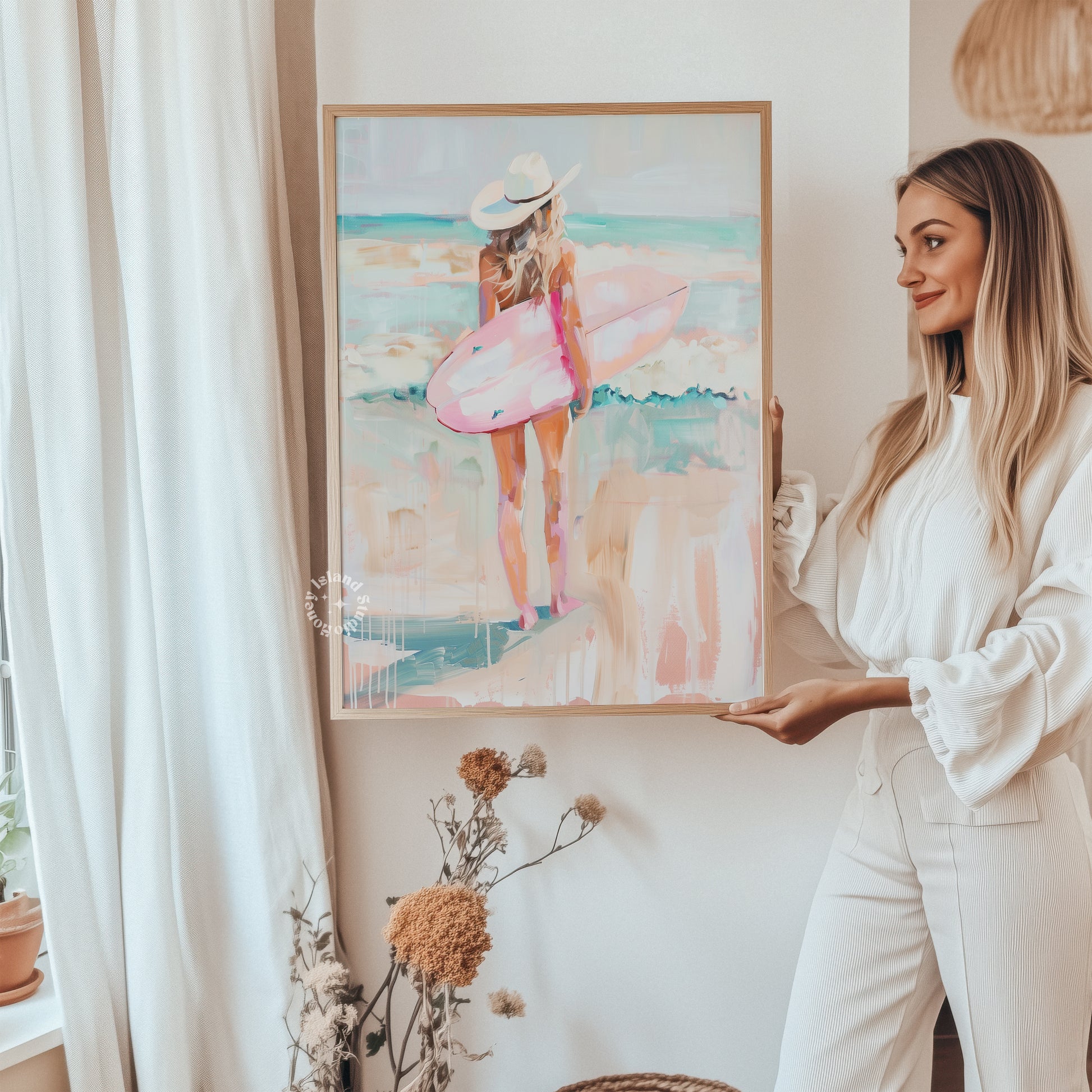 surfer cowgirl poster, coastal cowgirl wall art, western surf painting, boho beach decor, cowgirl aesthetic print, western beach art, rodeo surfer artwork, vintage cowgirl poster, coastal cowgirl aesthetic, western boho home decor, beach cowgirl painting, western waves artwork, retro surf print