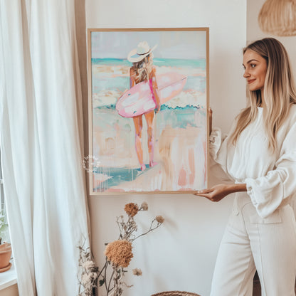 surfer cowgirl poster, coastal cowgirl wall art, western surf painting, boho beach decor, cowgirl aesthetic print, western beach art, rodeo surfer artwork, vintage cowgirl poster, coastal cowgirl aesthetic, western boho home decor, beach cowgirl painting, western waves artwork, retro surf print