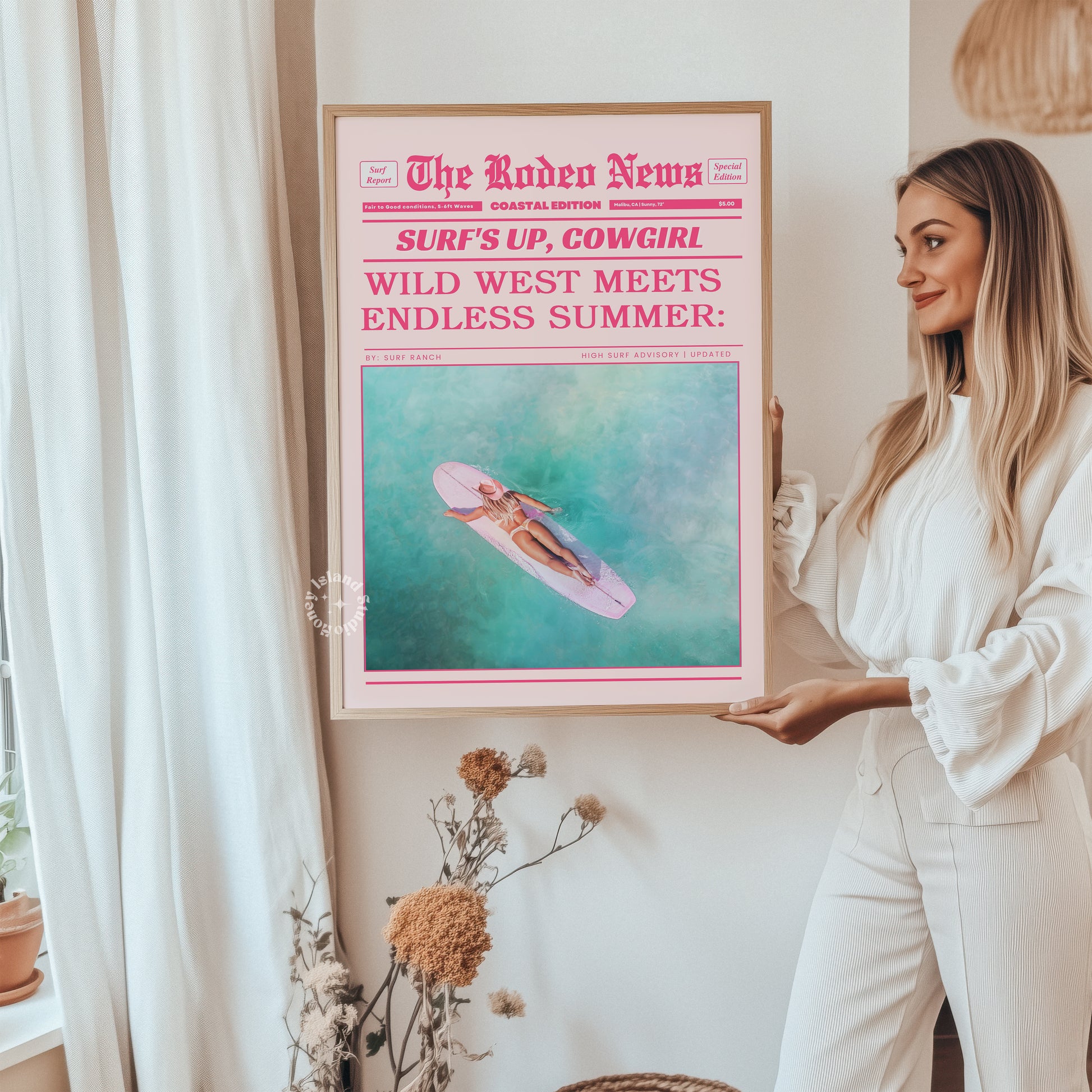Surf Up Cowgirl Poster – Pink Newspaper-Style Wall Art for Western Beach Vibes