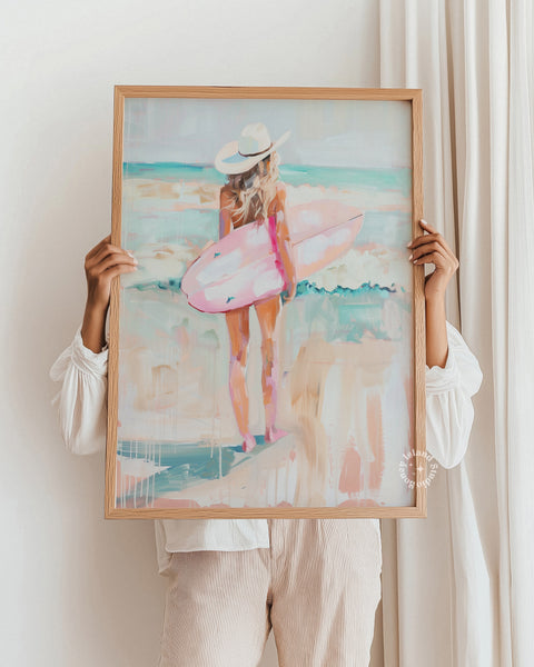 surfer cowgirl poster, coastal cowgirl wall art, western surf painting, boho beach decor, cowgirl aesthetic print, western beach art, rodeo surfer artwork, vintage cowgirl poster, coastal cowgirl aesthetic, western boho home decor, beach cowgirl painting, western waves artwork, retro surf print