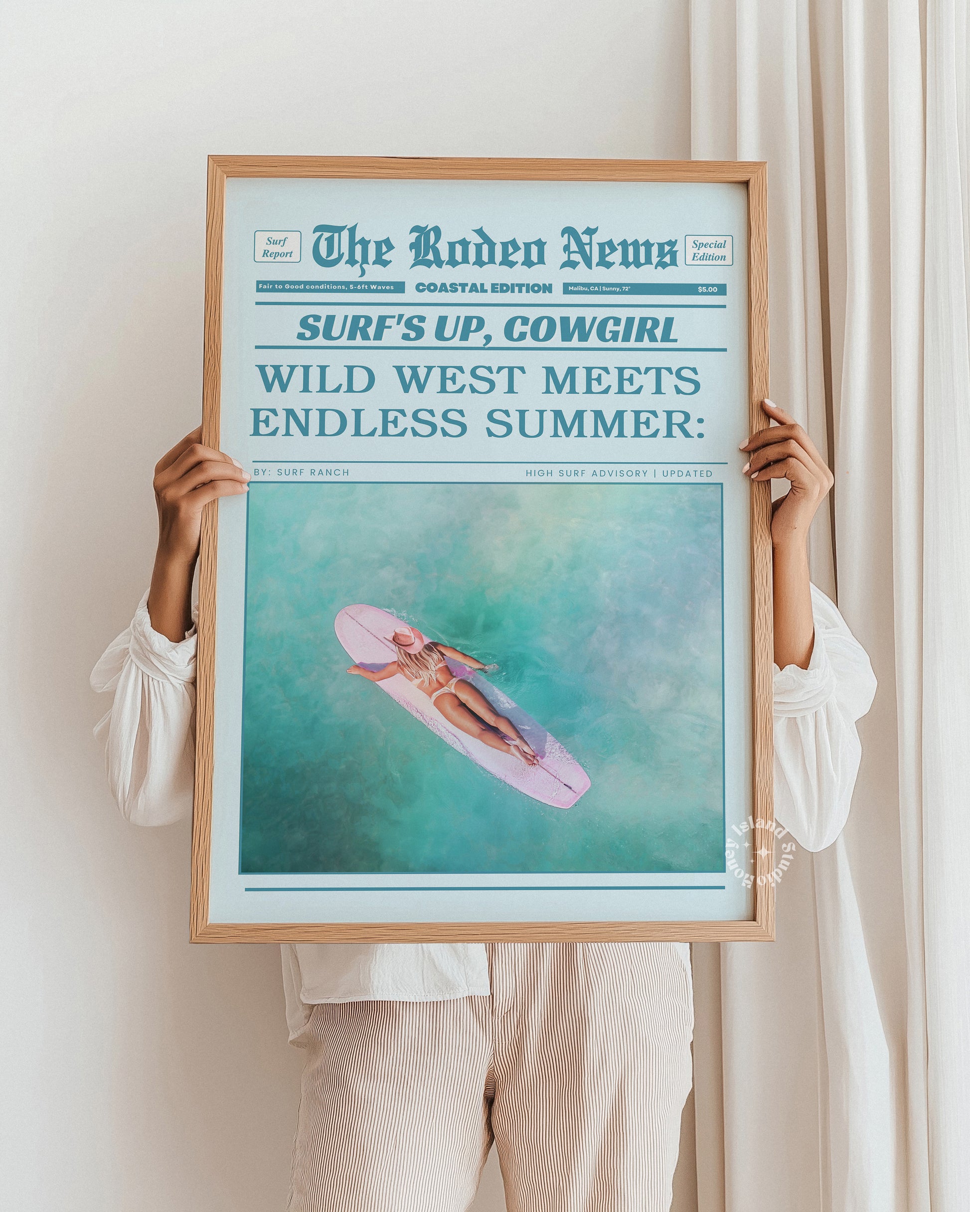surfs up cowgirl  Coastal Cowgirl Wall Art – Retro Newspaper Print in Blue Tones