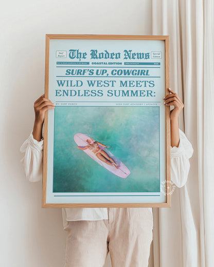 surfs up cowgirl  Coastal Cowgirl Wall Art – Retro Newspaper Print in Blue Tones