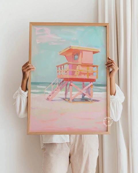 Coastal Lifeguard Tower Painting, Beach Wall Art, Coastal Decor, Pastels Artwork, Pink Coastal Decor,&nbsp;beach wall decor,pink beach decor,coastal wall art,lifeguard tower art,beach house painting,pastel coastal decor,coastal home art,nautical artwork,pink coastal art,beach scene painting,pastel wall art,coastal lifeguard, pastel coastal art/