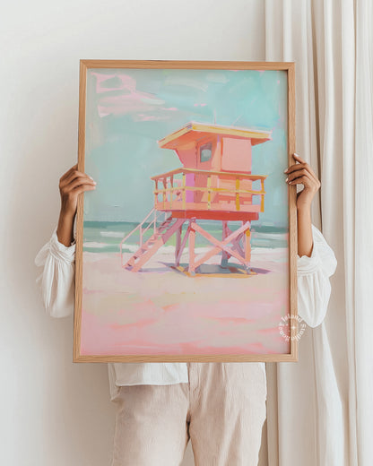 Coastal Lifeguard Tower Painting, Beach Wall Art, Coastal Decor, Pastels Artwork, Pink Coastal Decor,&nbsp;beach wall decor,pink beach decor,coastal wall art,lifeguard tower art,beach house painting,pastel coastal decor,coastal home art,nautical artwork,pink coastal art,beach scene painting,pastel wall art,coastal lifeguard, pastel coastal art