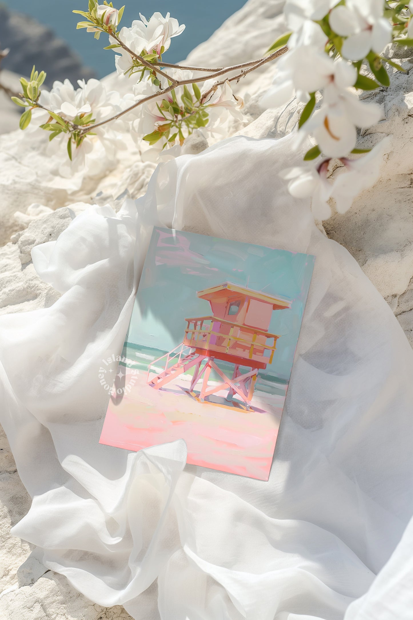 Coastal Lifeguard Tower Painting, Beach Wall Art, Coastal Decor, Pastels Artwork, Pink Coastal Decor,&nbsp;beach wall decor,pink beach decor,coastal wall art,lifeguard tower art,beach house painting,pastel coastal decor,coastal home art,nautical artwork,pink coastal art,beach scene painting,pastel wall art,coastal lifeguard, pastel coastal art