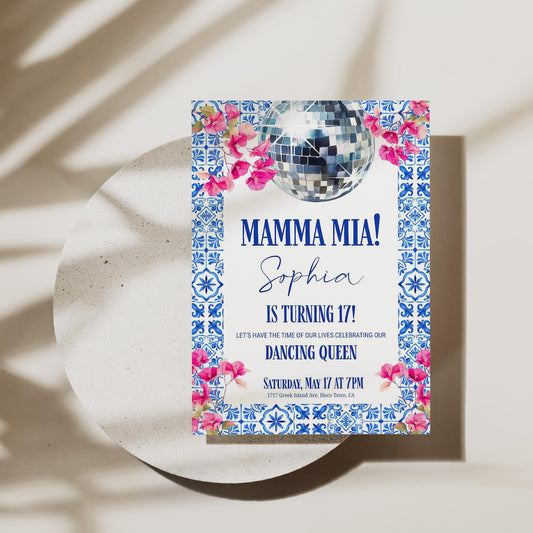 Mamma Mia Invitation card with disco ball and Bougainvillea flowers 