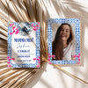 mamma Mia Party invitation with Bougainvillea and blue tiles border and photo of a smiling girl in the back