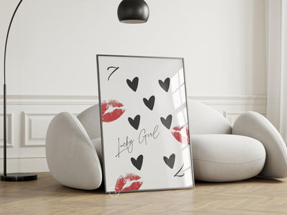 Lucky girl 7 print, Queen of hearts poster