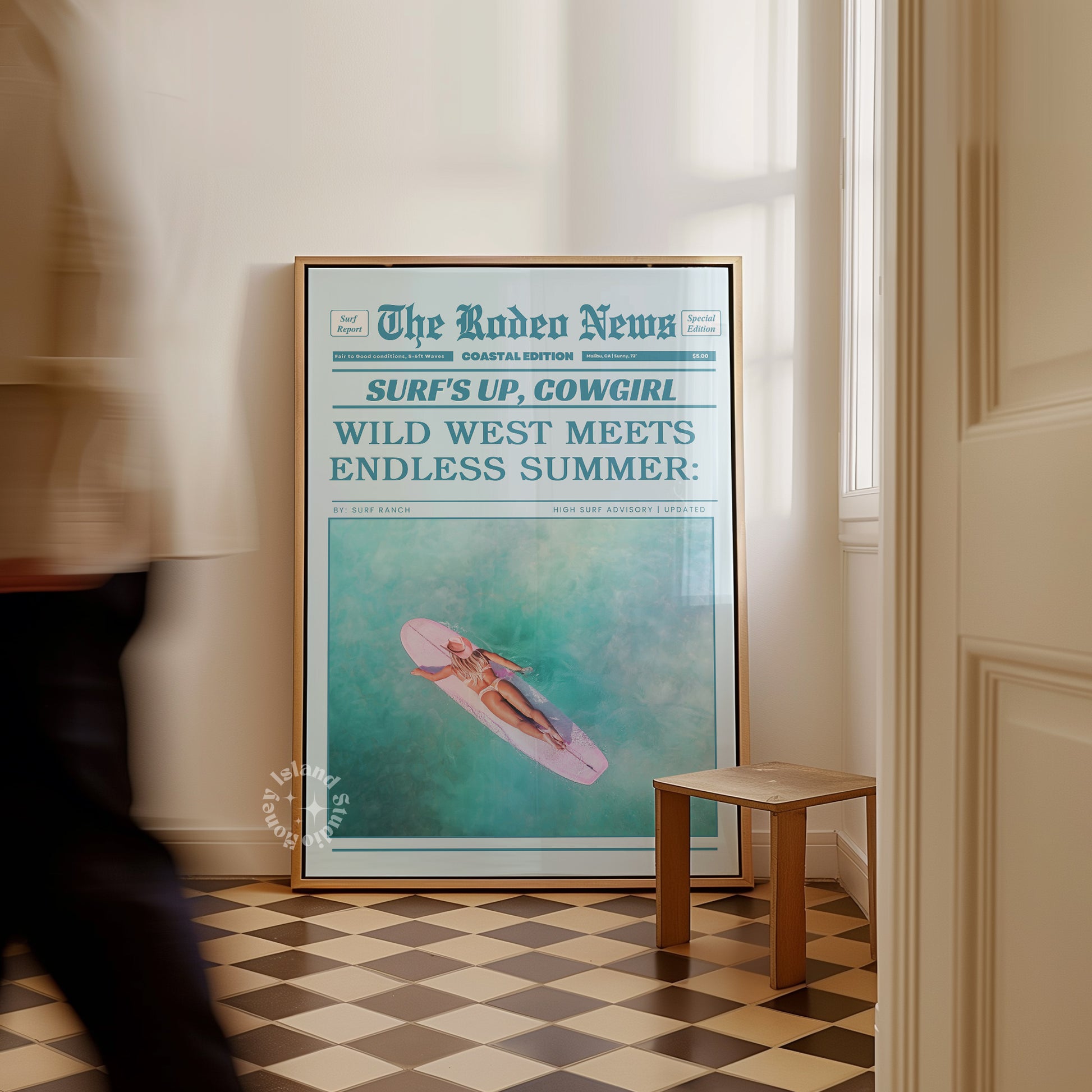 Funky Retro Wall Art – Coastal Cowgirl Newspaper Design in Coastal Pink Blues