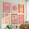 Set of 6 Disco Pink Orange Preppy Wall Gallery Prints - Digital