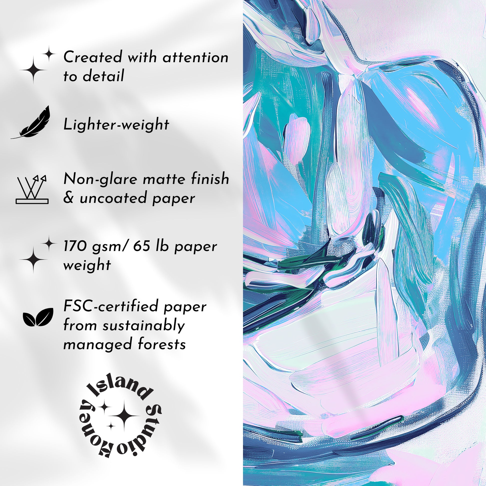 Product packaging with artistic design and text about paper quality and sustainability.
